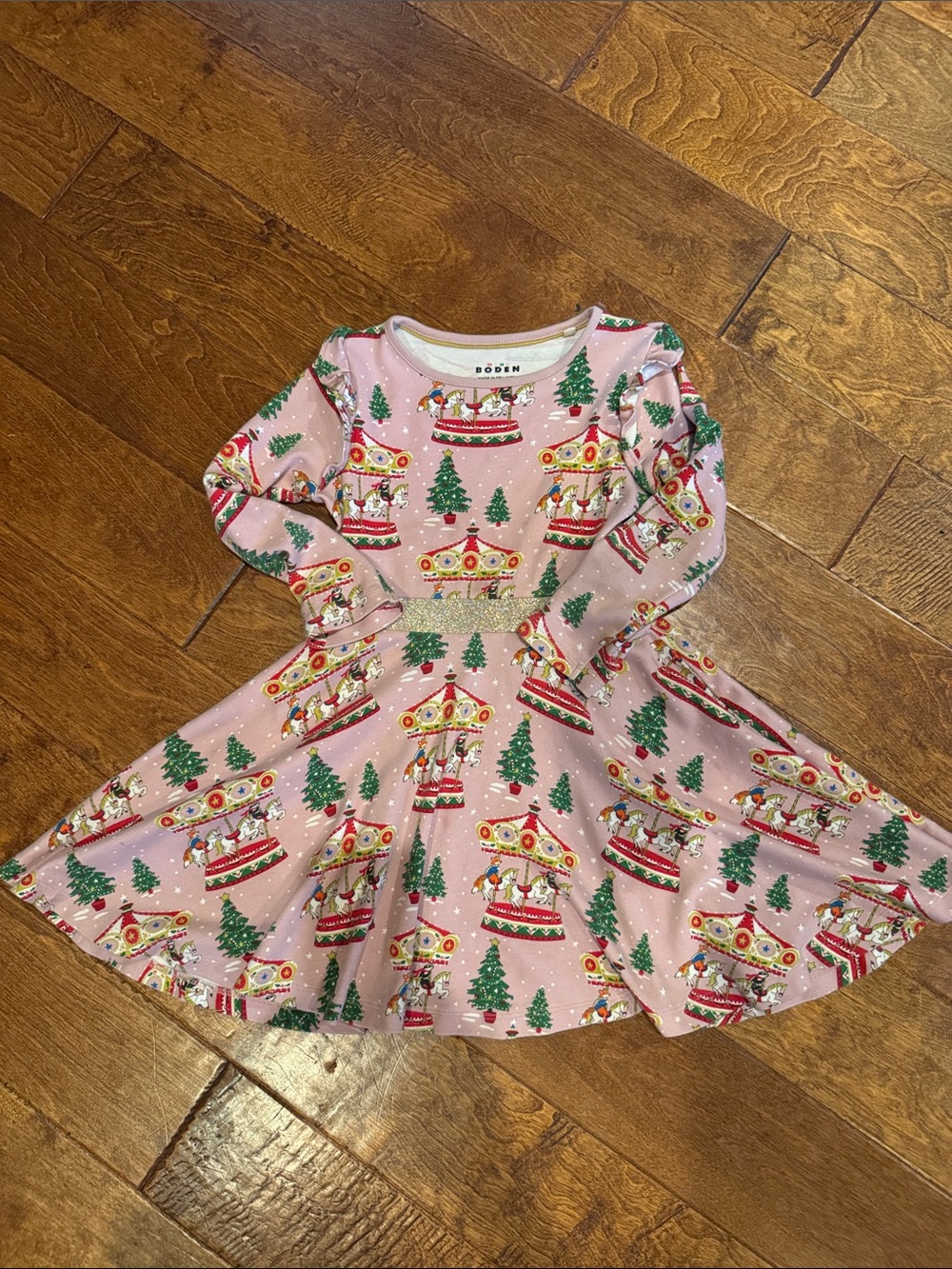 Boden Pink Carousel Print Long-Sleeve Twirl Dress